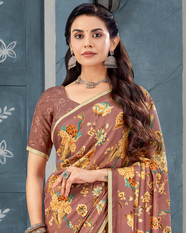 Vishal Prints Pastel Brown Digital Print Criva Crepe Saree With Weaved Viscose Border