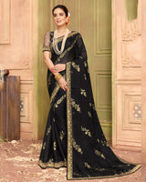 Vishal Prints Black Chiffon Saree With Foil Print And Zari Border