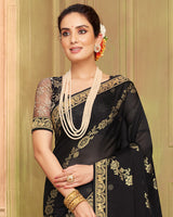 Vishal Prints Black Chiffon Saree With Foil Print And Zari Border