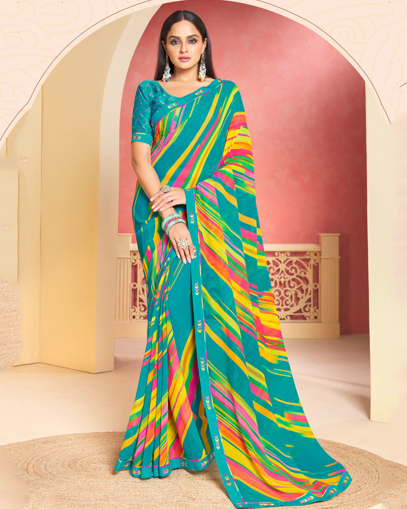 Vishal Prints Teal Blue Printed Georgette Saree With Fancy Border