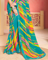 Vishal Prints Teal Blue Printed Georgette Saree With Fancy Border