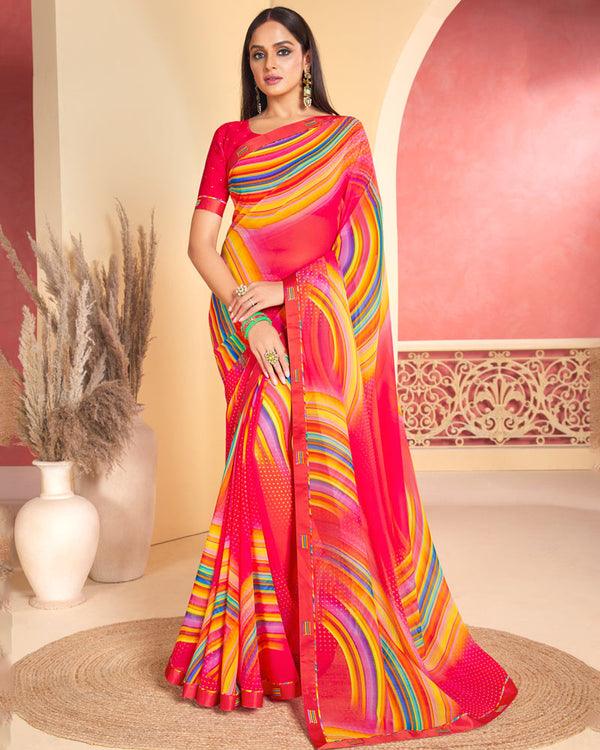 Vishal Prints Pinkish Red Printed Georgette Saree With Fancy Border