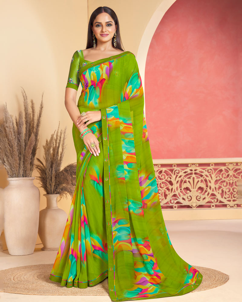 Vishal Prints Olive Green Printed Georgette Saree With Fancy Border