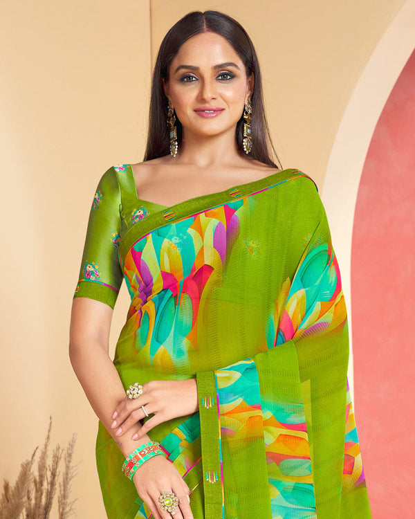 Vishal Prints Olive Green Printed Georgette Saree With Fancy Border