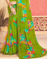 Vishal Prints Olive Green Printed Georgette Saree With Fancy Border