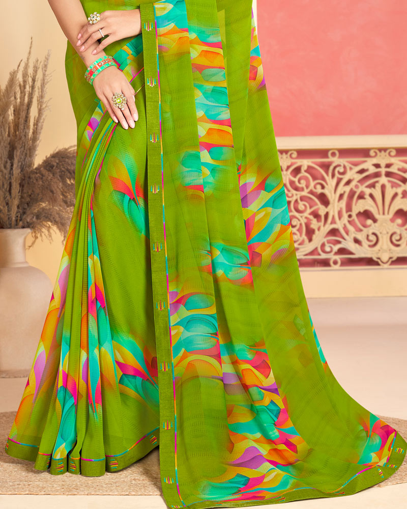 Vishal Prints Olive Green Printed Georgette Saree With Fancy Border