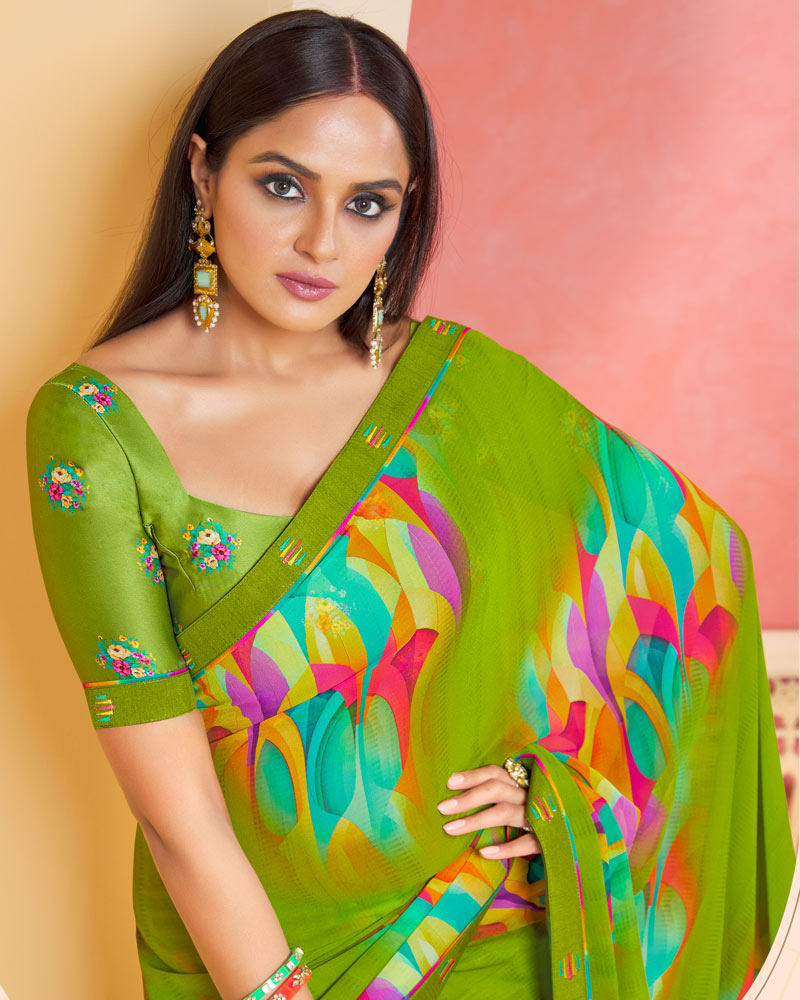 Vishal Prints Olive Green Printed Georgette Saree With Fancy Border