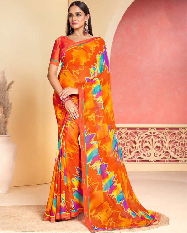 Vishal Prints Dark Orange Printed Georgette Saree With Fancy Border