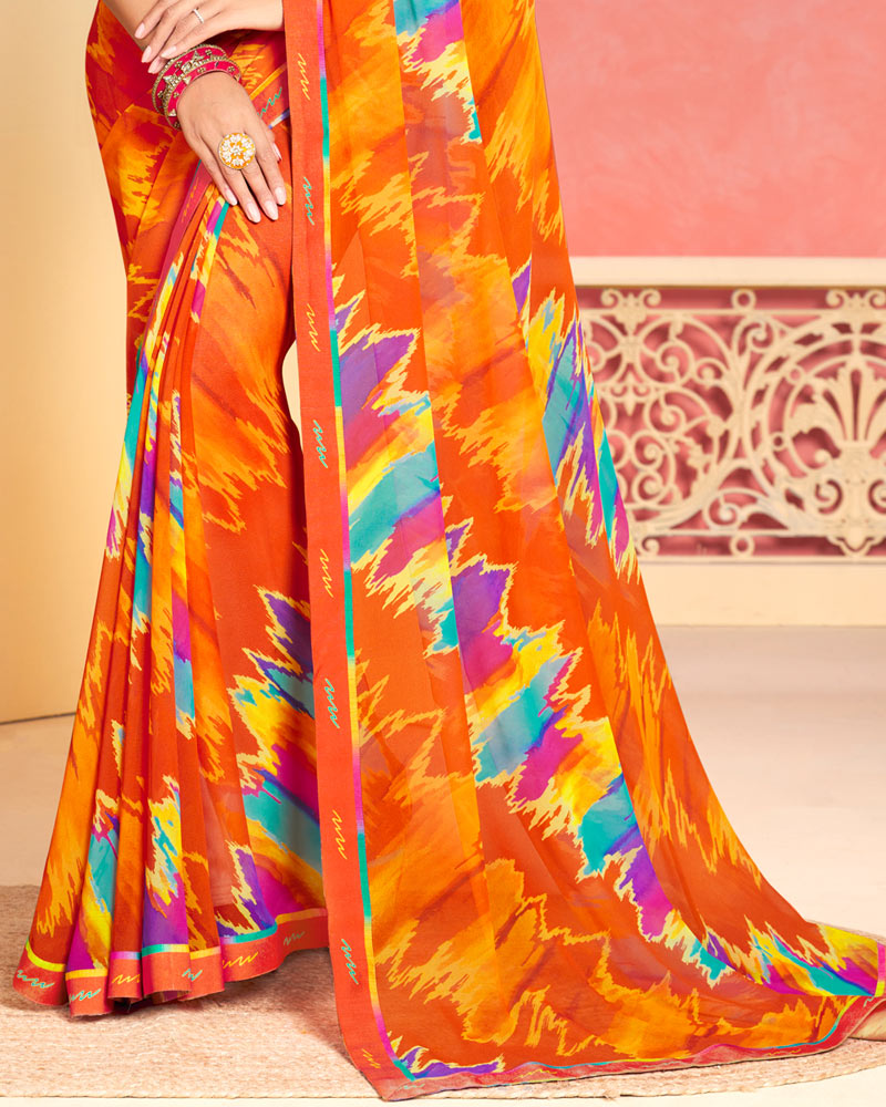 Vishal Prints Dark Orange Printed Georgette Saree With Fancy Border