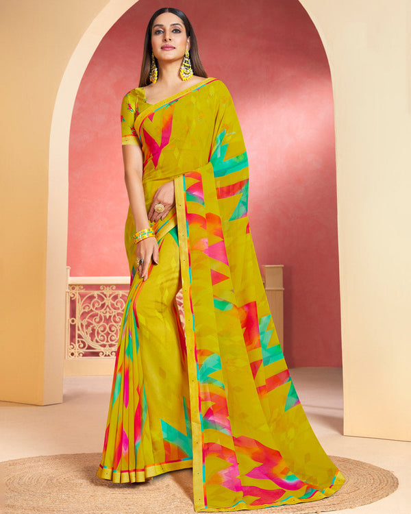 Vishal Prints Olive Yellow Printed Georgette Saree With Fancy Border