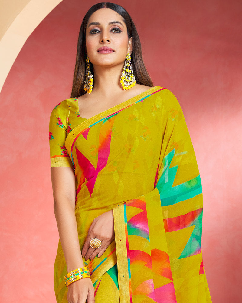 Vishal Prints Olive Yellow Printed Georgette Saree With Fancy Border