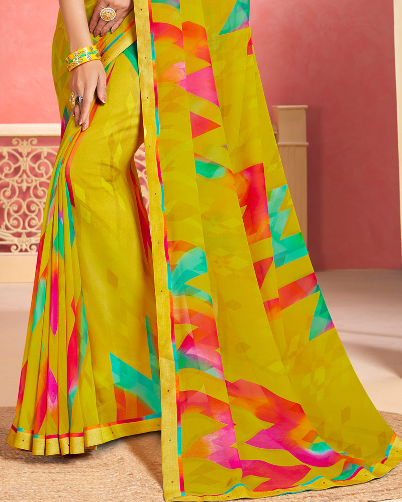 Vishal Prints Olive Yellow Printed Georgette Saree With Fancy Border