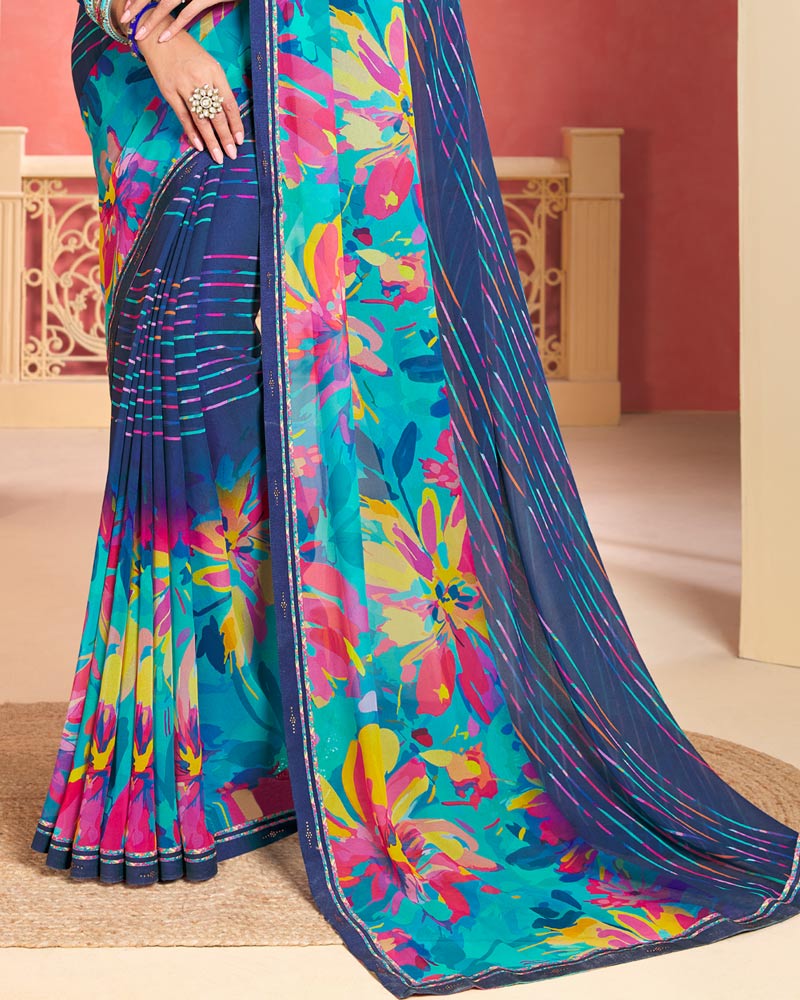 Vishal Prints Navy Blue Printed Georgette Saree With Fancy Border