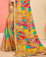 Vishal Prints Sand Brown Printed Georgette Saree With Fancy Border