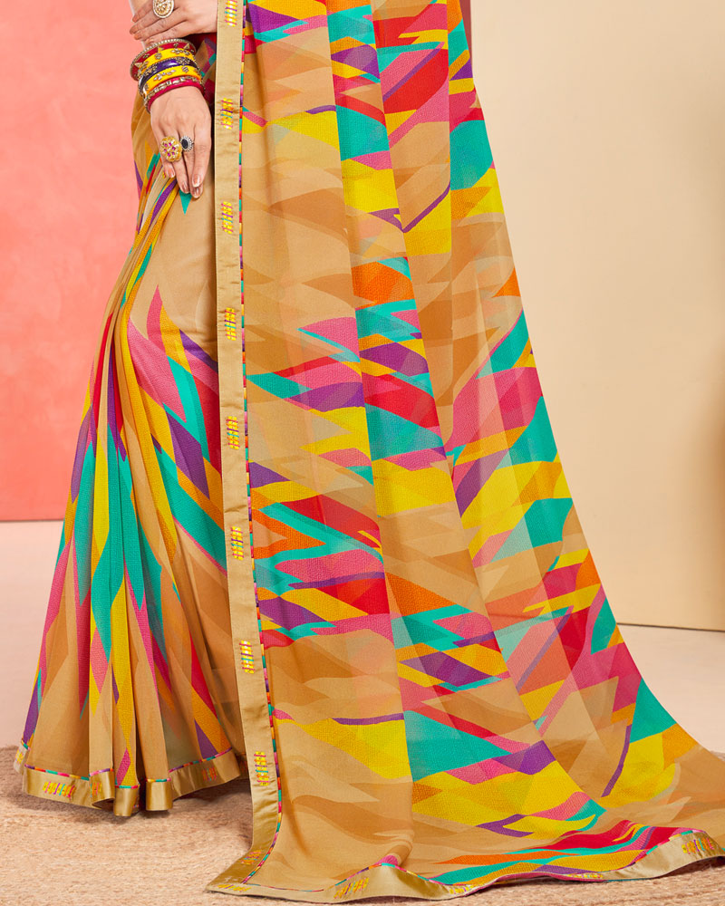 Vishal Prints Sand Brown Printed Georgette Saree With Fancy Border