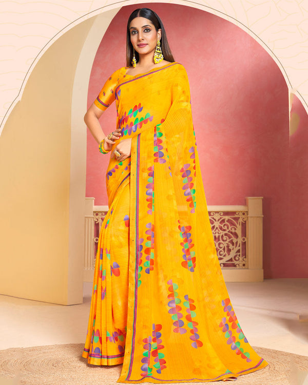 Vishal Prints Dark Yellow Printed Georgette Saree With Fancy Border