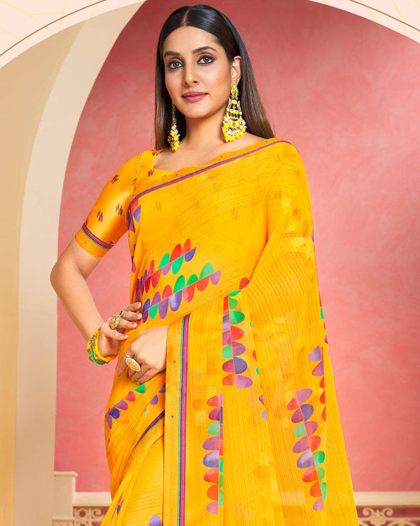 Vishal Prints Dark Yellow Printed Georgette Saree With Fancy Border