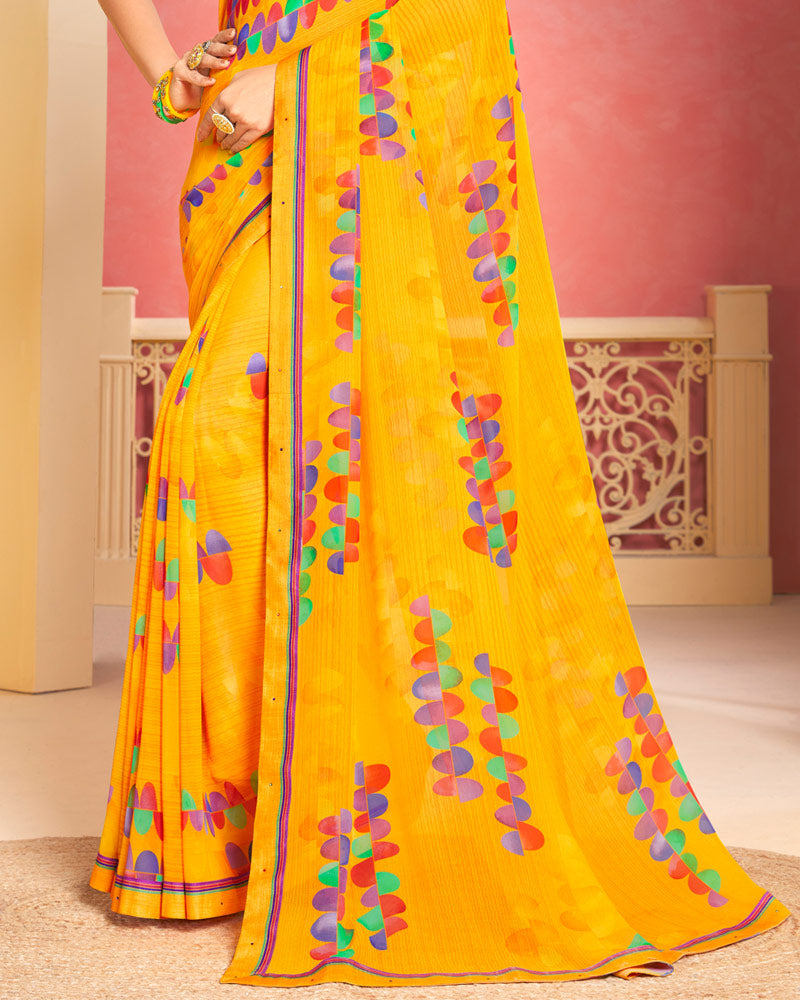 Vishal Prints Dark Yellow Printed Georgette Saree With Fancy Border