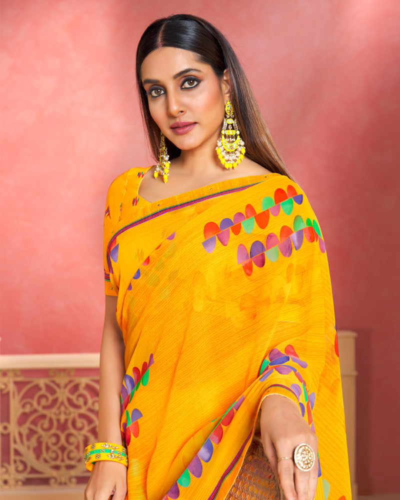 Vishal Prints Dark Yellow Printed Georgette Saree With Fancy Border