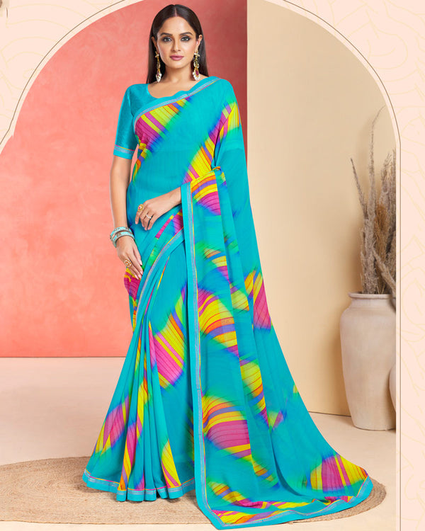 Vishal Prints Dark Turquoise Blue Printed Georgette Saree With Fancy Border