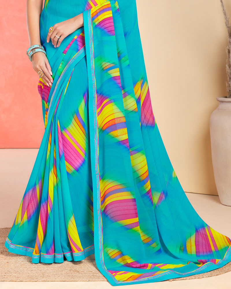 Vishal Prints Dark Turquoise Blue Printed Georgette Saree With Fancy Border