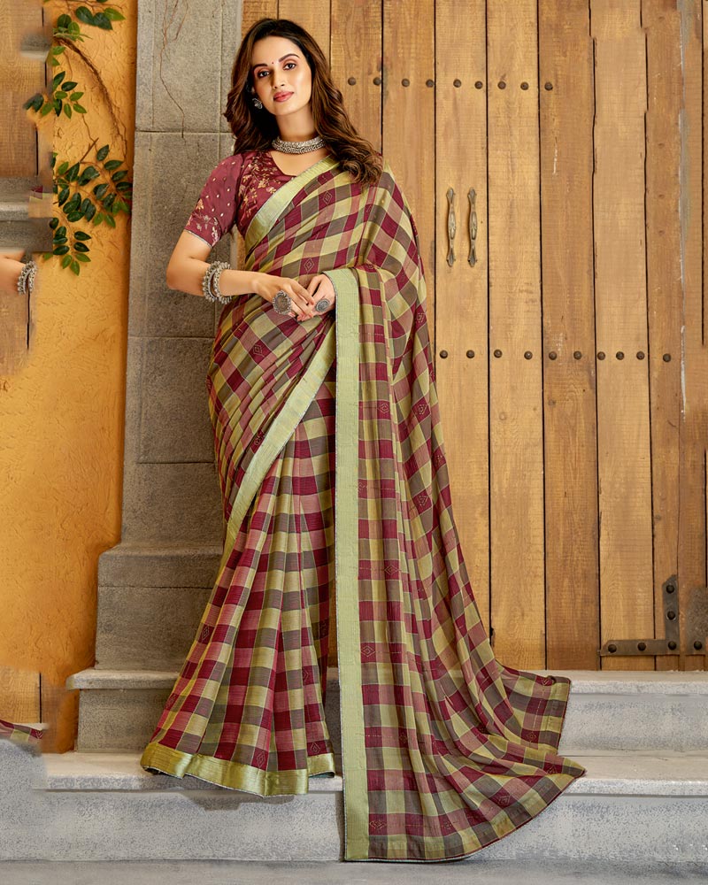 Vishal Prints Burgundy Fancy Chiffon Designer Saree