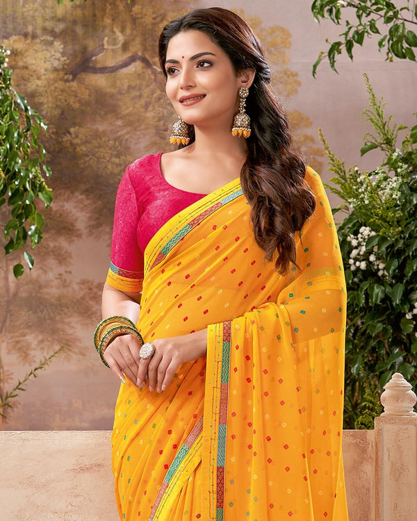 Vishal Prints Mustard Printed Georgette Saree With Fancy Border