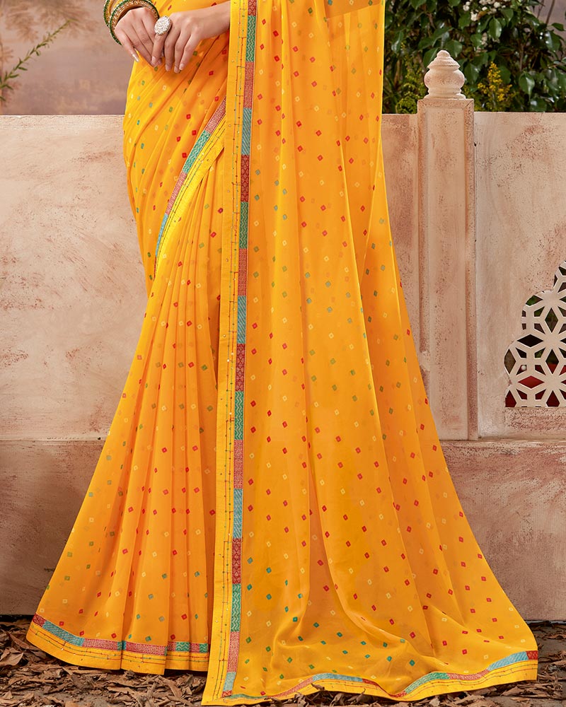 Vishal Prints Mustard Printed Georgette Saree With Fancy Border