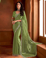 Vishal Prints Khaki Green Fancy Chiffon Swarovski Work Saree With 4 Sequence Embroidery And Cut Work Border