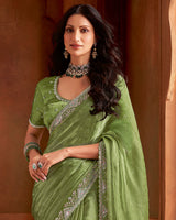 Vishal Prints Khaki Green Fancy Chiffon Swarovski Work Saree With 4 Sequence Embroidery And Cut Work Border