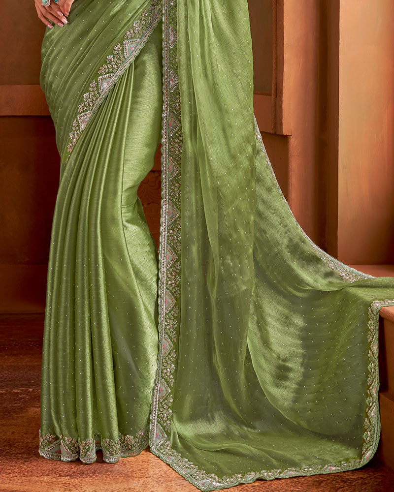 Vishal Prints Khaki Green Fancy Chiffon Swarovski Work Saree With 4 Sequence Embroidery And Cut Work Border