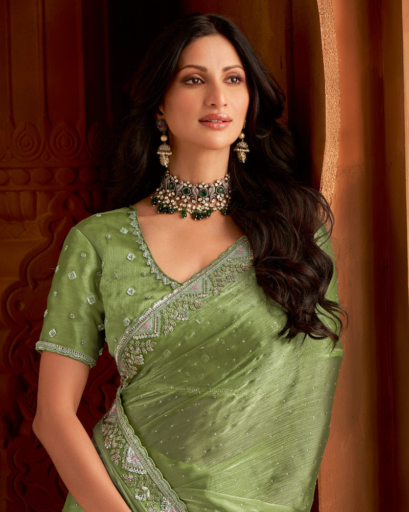 Vishal Prints Khaki Green Fancy Chiffon Swarovski Work Saree With 4 Sequence Embroidery And Cut Work Border