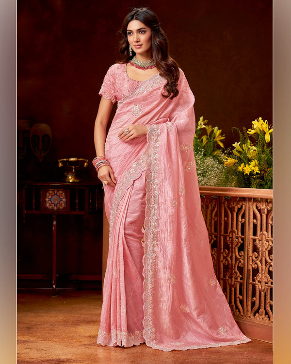 Vishal Prints Rose Pink Crushed Zari Chiffon Hand Embroidery Work Saree With Cut Dana Border