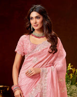 Vishal Prints Rose Pink Crushed Zari Chiffon Hand Embroidery Work Saree With Cut Dana Border