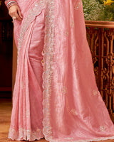 Vishal Prints Rose Pink Crushed Zari Chiffon Hand Embroidery Work Saree With Cut Dana Border