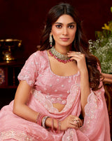 Vishal Prints Rose Pink Crushed Zari Chiffon Hand Embroidery Work Saree With Cut Dana Border