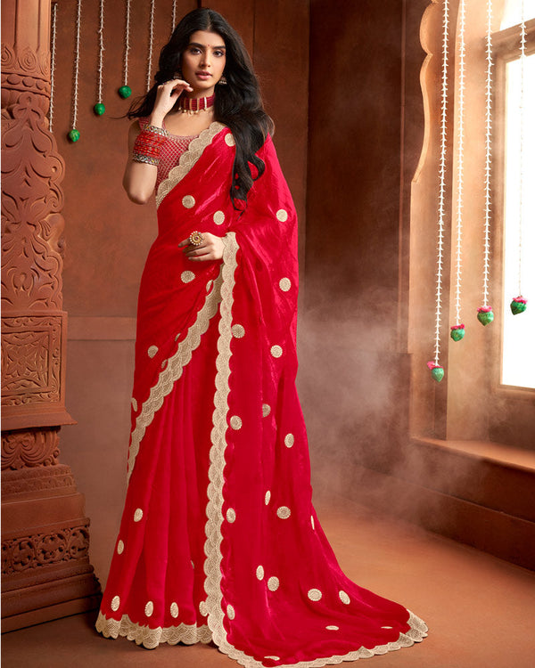 Vishal Prints Cherry Red Fancy Satin Saree With Embroidery-Zari Butta And Cut Work Border