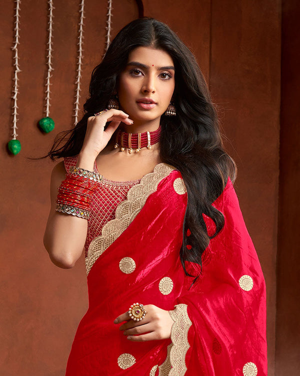 Vishal Prints Cherry Red Fancy Satin Saree With Embroidery-Zari Butta And Cut Work Border