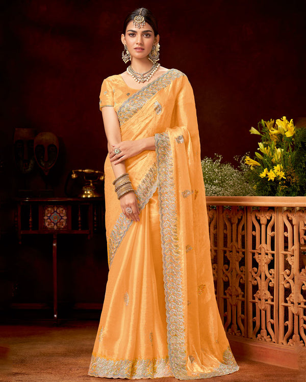 Vishal Prints Dusty Pastel Orange Fancy Chiffon Swarovski-Embroidery Work Saree With Cut Work Border