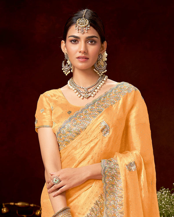 Vishal Prints Dusty Pastel Orange Fancy Chiffon Swarovski-Embroidery Work Saree With Cut Work Border