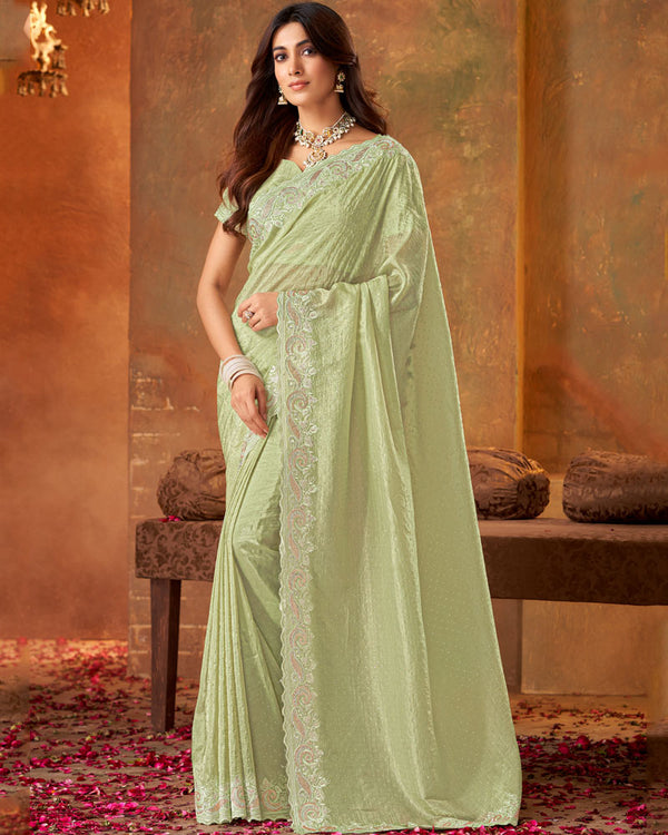 Vishal Prints Pastel Olive Crushed Zari Chiffon Swarovski Work Saree With Cut Work Jarkan Border