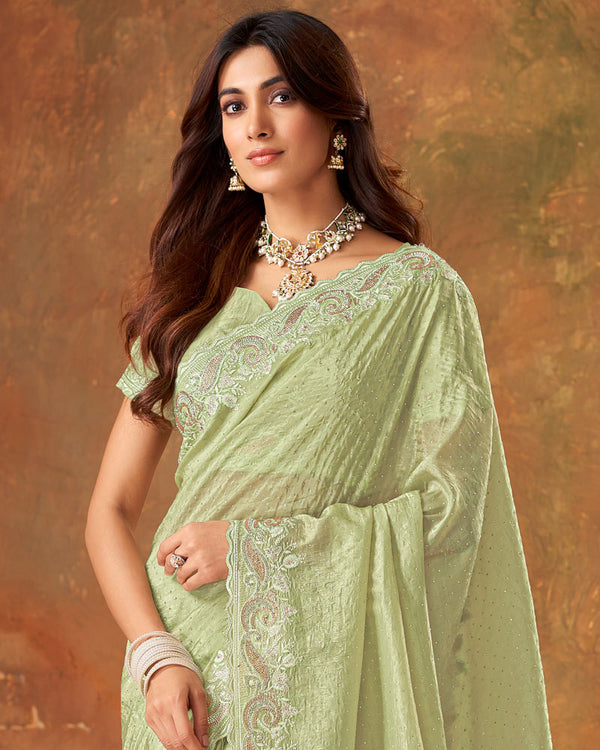 Vishal Prints Pastel Olive Crushed Zari Chiffon Swarovski Work Saree With Cut Work Jarkan Border