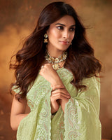 Vishal Prints Pastel Olive Crushed Zari Chiffon Swarovski Work Saree With Cut Work Jarkan Border