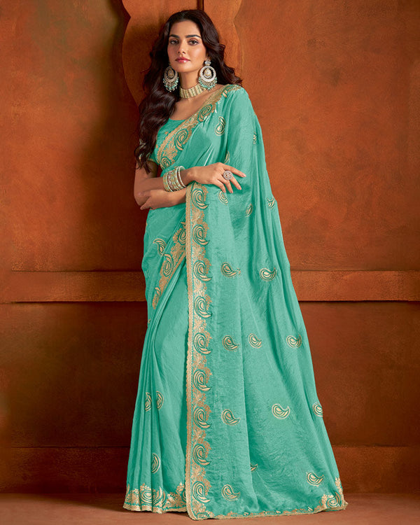 Vishal Prints Pastel Teal Green Fancy Satin Saree With Embroidery Zari Butta And Cut Work Border