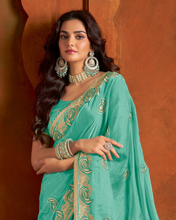 Vishal Prints Pastel Teal Green Fancy Satin Saree With Embroidery Zari Butta And Cut Work Border