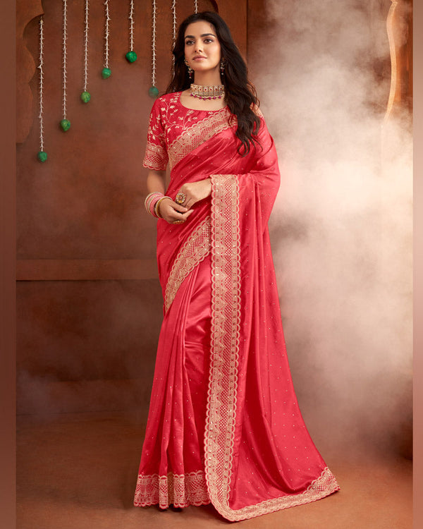 Vishal Prints Carnation Pink Crushed Zari Chiffon Stud Work Saree With Embroidery Cut Work Border