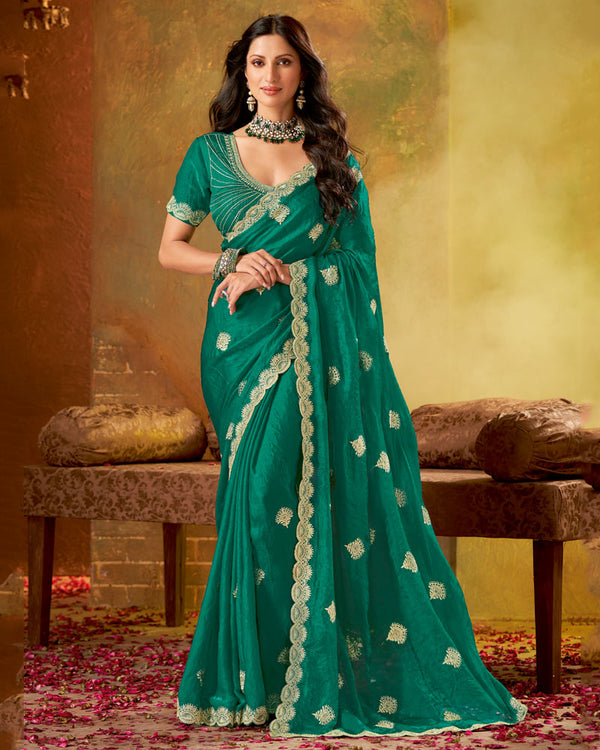 Vishal Prints Dark Aqua Green Fancy Satin Saree With Embroidery-Zari Butta And Cut Work Border