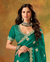 Vishal Prints Dark Aqua Green Fancy Satin Saree With Embroidery-Zari Butta And Cut Work Border