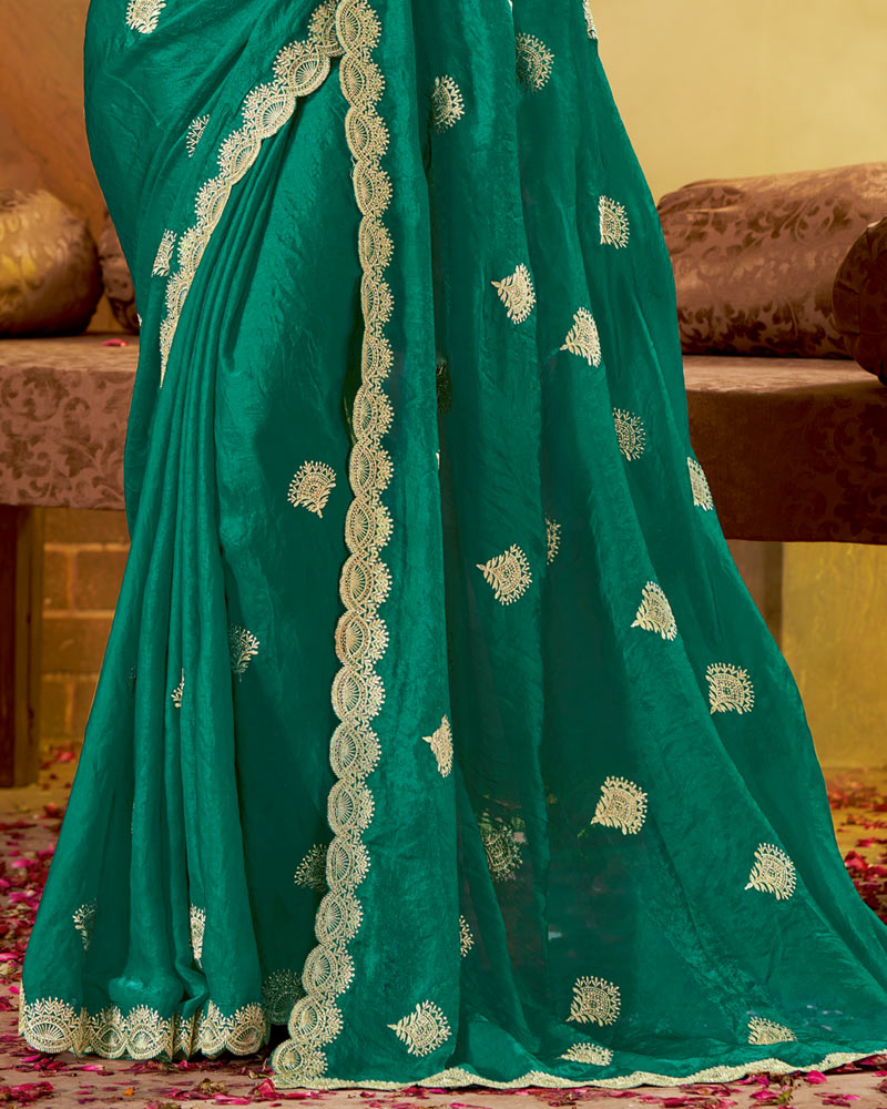 Vishal Prints Dark Aqua Green Fancy Satin Saree With Embroidery-Zari Butta And Cut Work Border