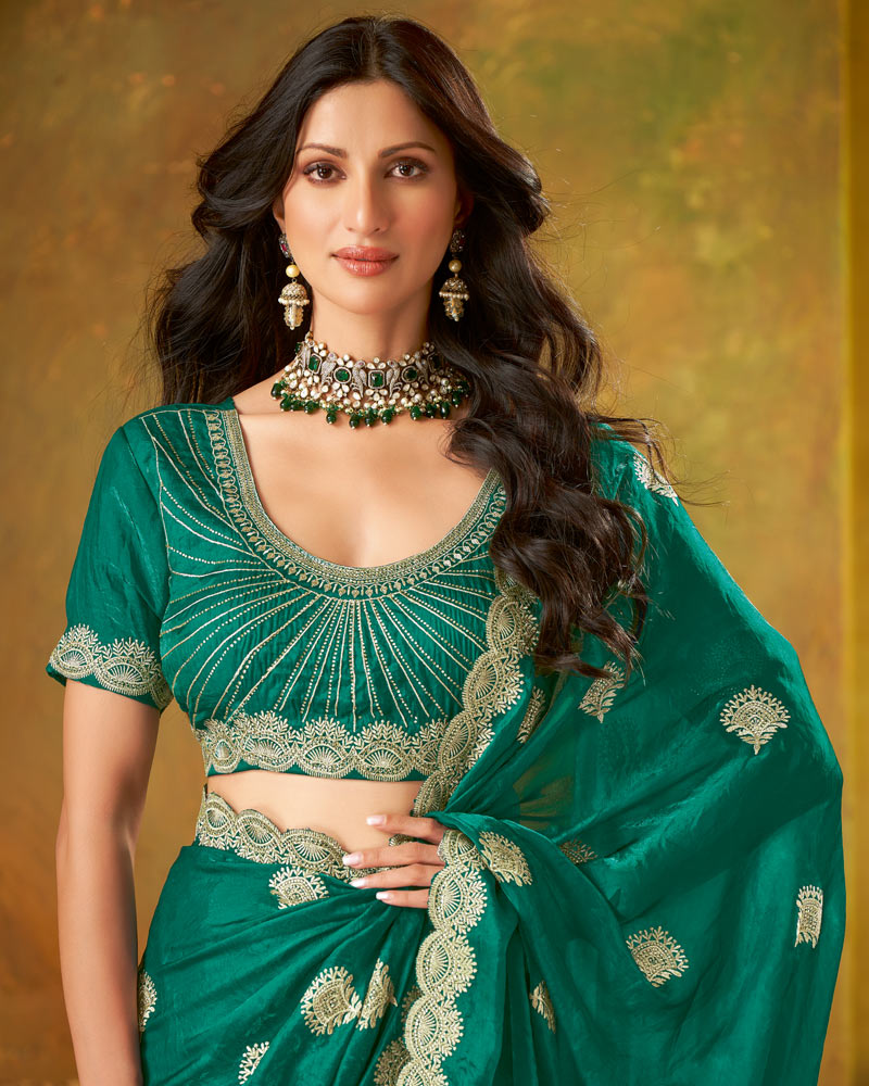 Vishal Prints Dark Aqua Green Fancy Satin Saree With Embroidery-Zari Butta And Cut Work Border